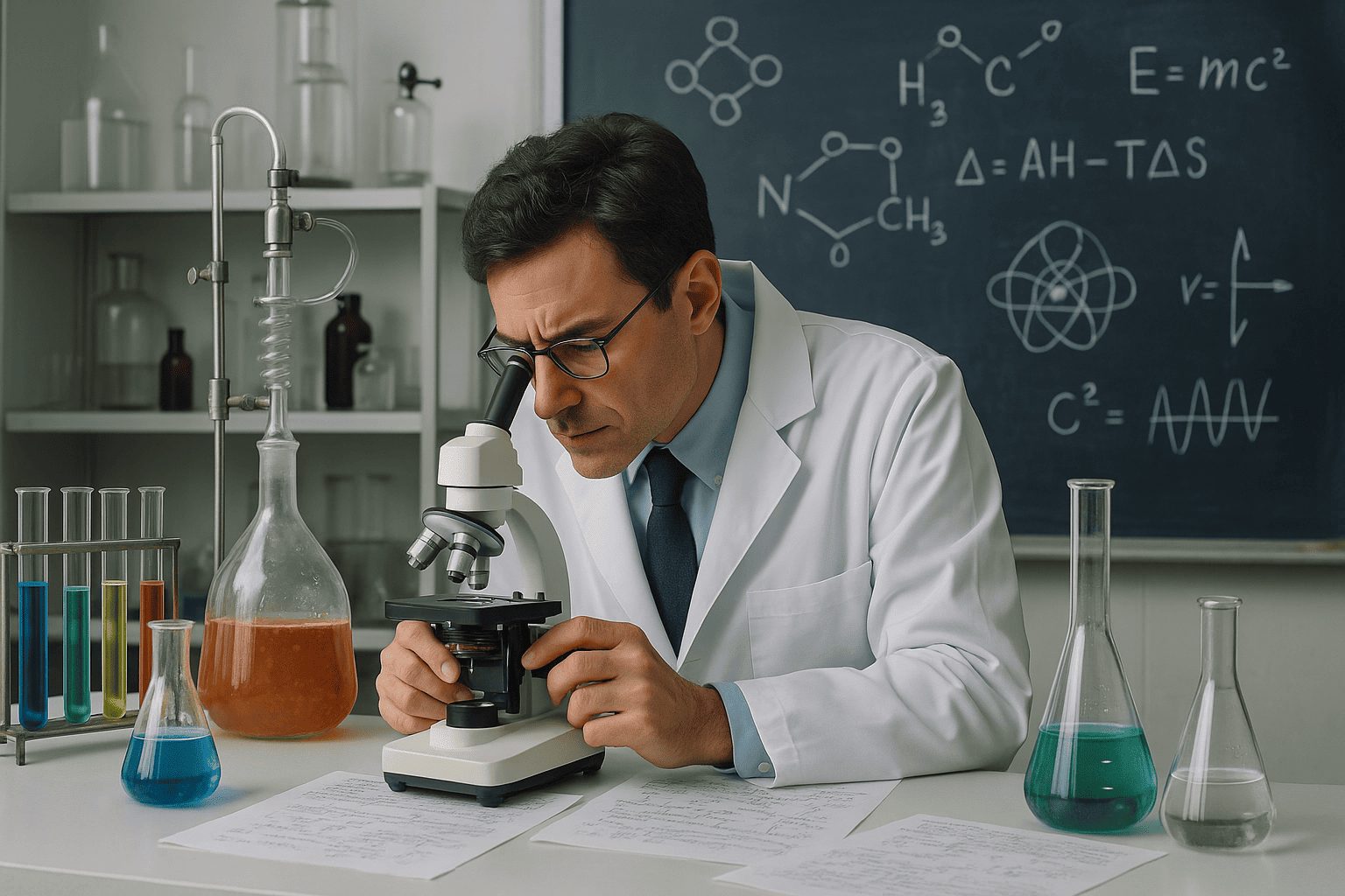 scientist looking through microscope