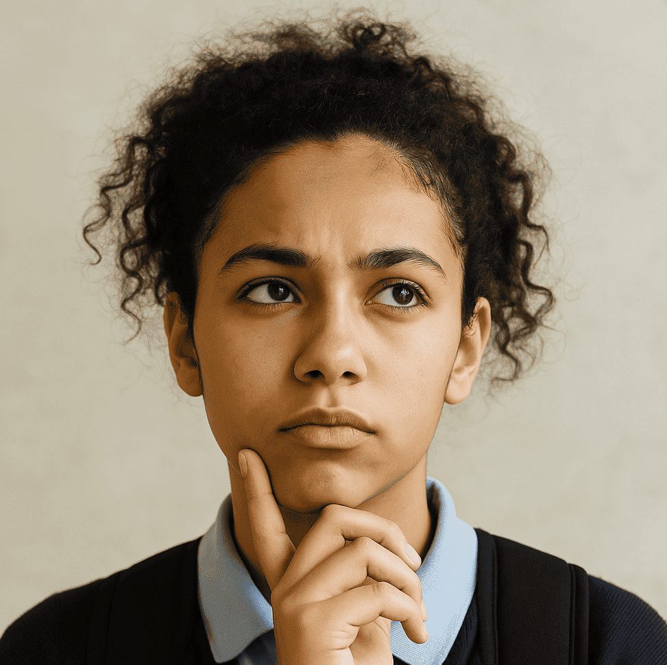 Young woman holding her chin and thinking.