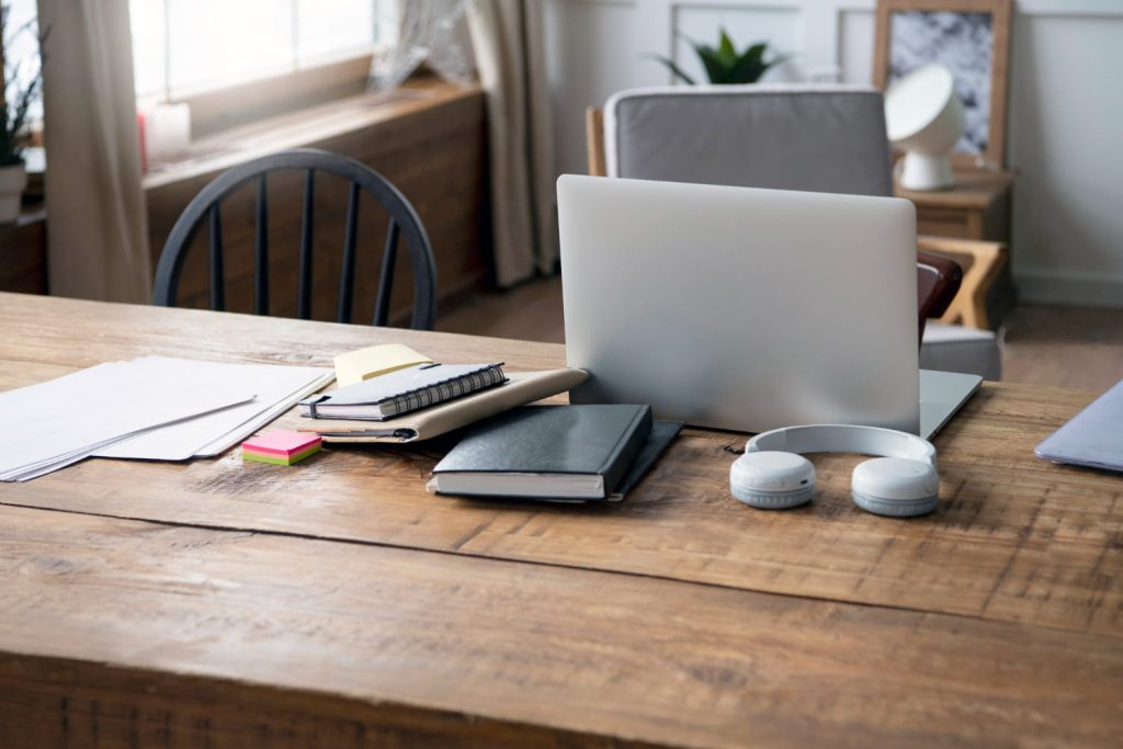 Study materials on a wooden table.