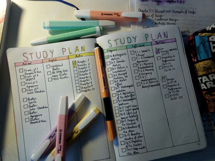 Study planner with pens and highlighters.